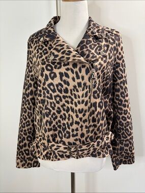 Bar by Alexa Rae Run Wild Leopard Print Faux-Silk Moto Jacket - Tan & Black L